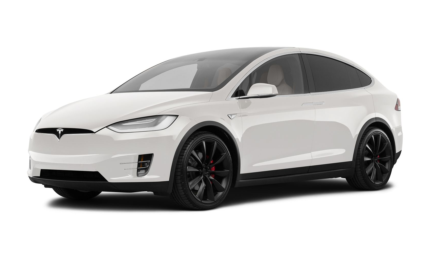 White Tesla sedan in a studio setting, front-left view, with black wheels and tinted windows