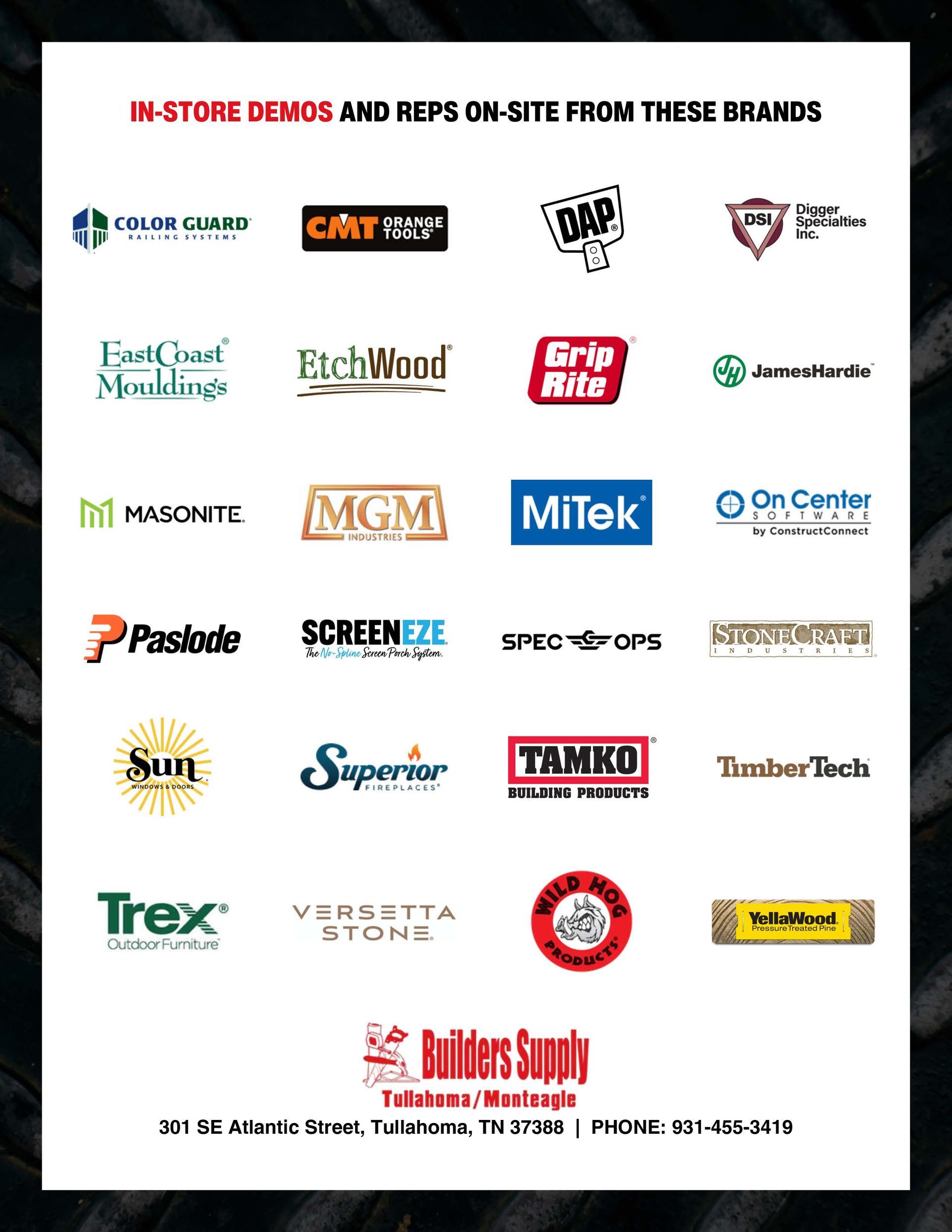 Brands offering in-store demos and reps at Builders Supply in Tullahoma, TN. Logos of various brands are shown.  