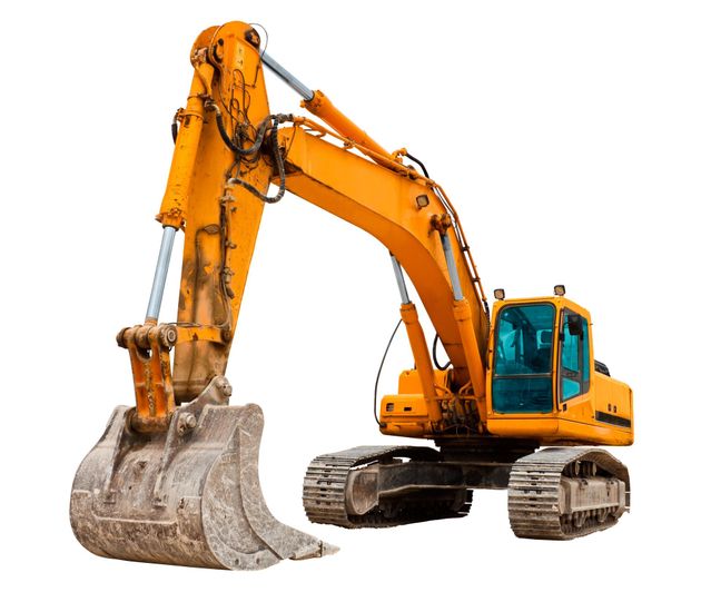 Yellow excavator with raised arm and bucket, tracks visible.