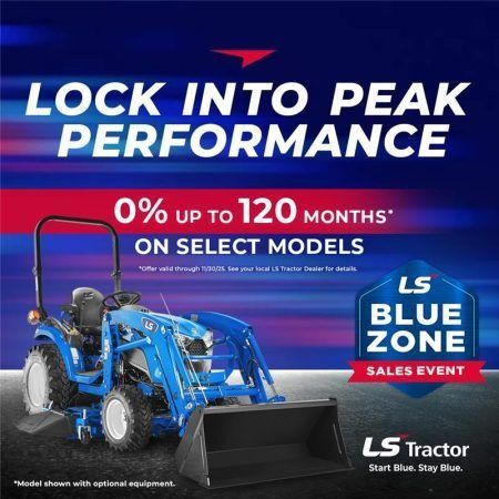 Blue tractor with a front-end loader advertisement for LS Tractor with 0 financing up to 120 months.