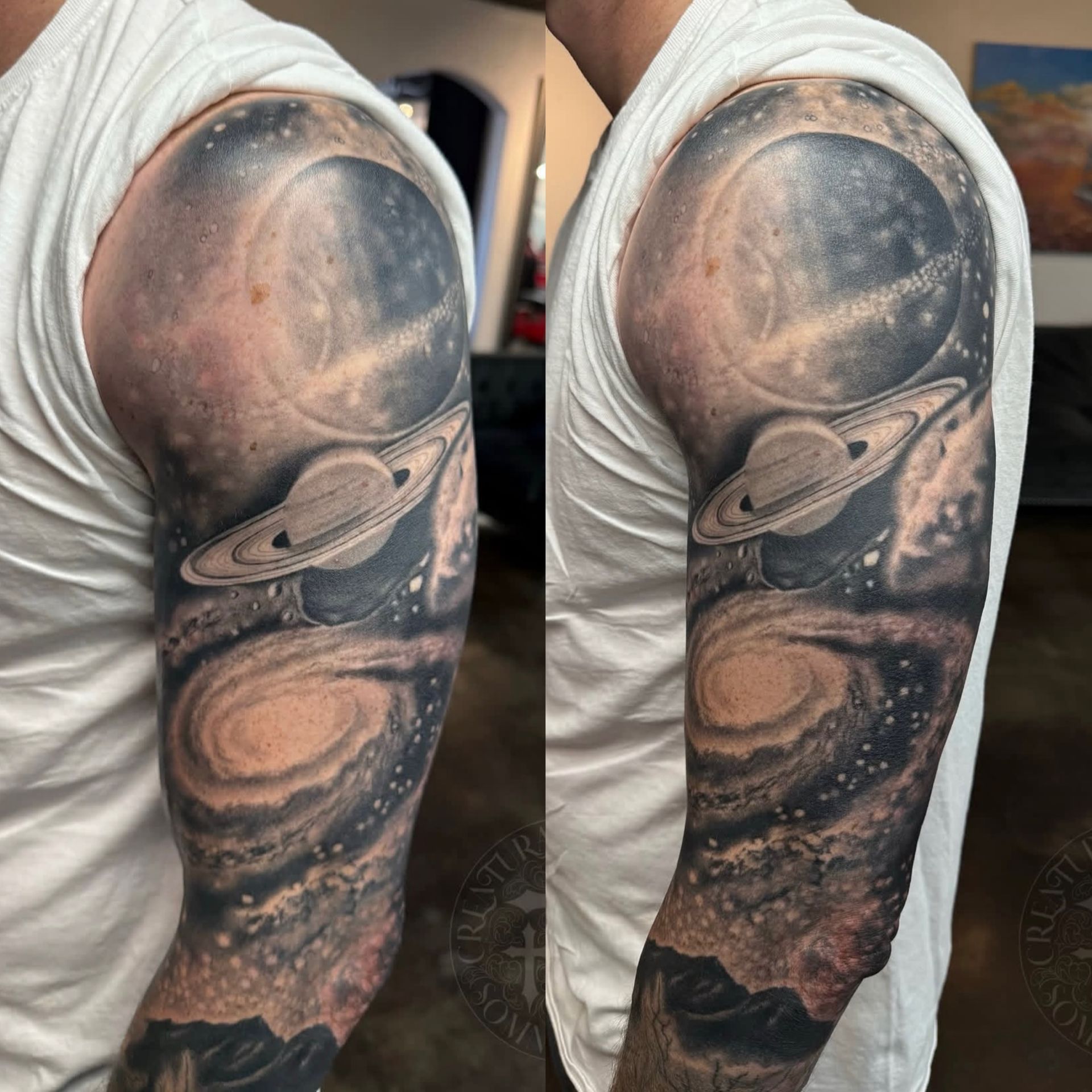 Side-by-side view of a tattooed upper arm with a detailed solar system sleeve in black and gray