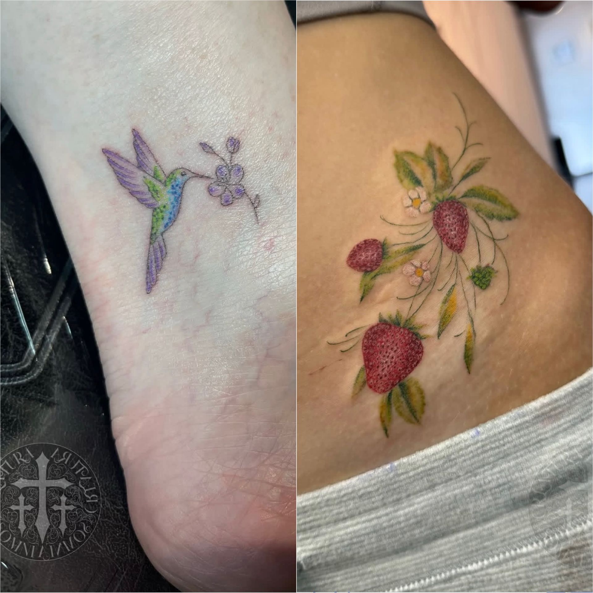 Side-by-side tattoos: a purple-green hummingbird and a strawberry vine on skin.