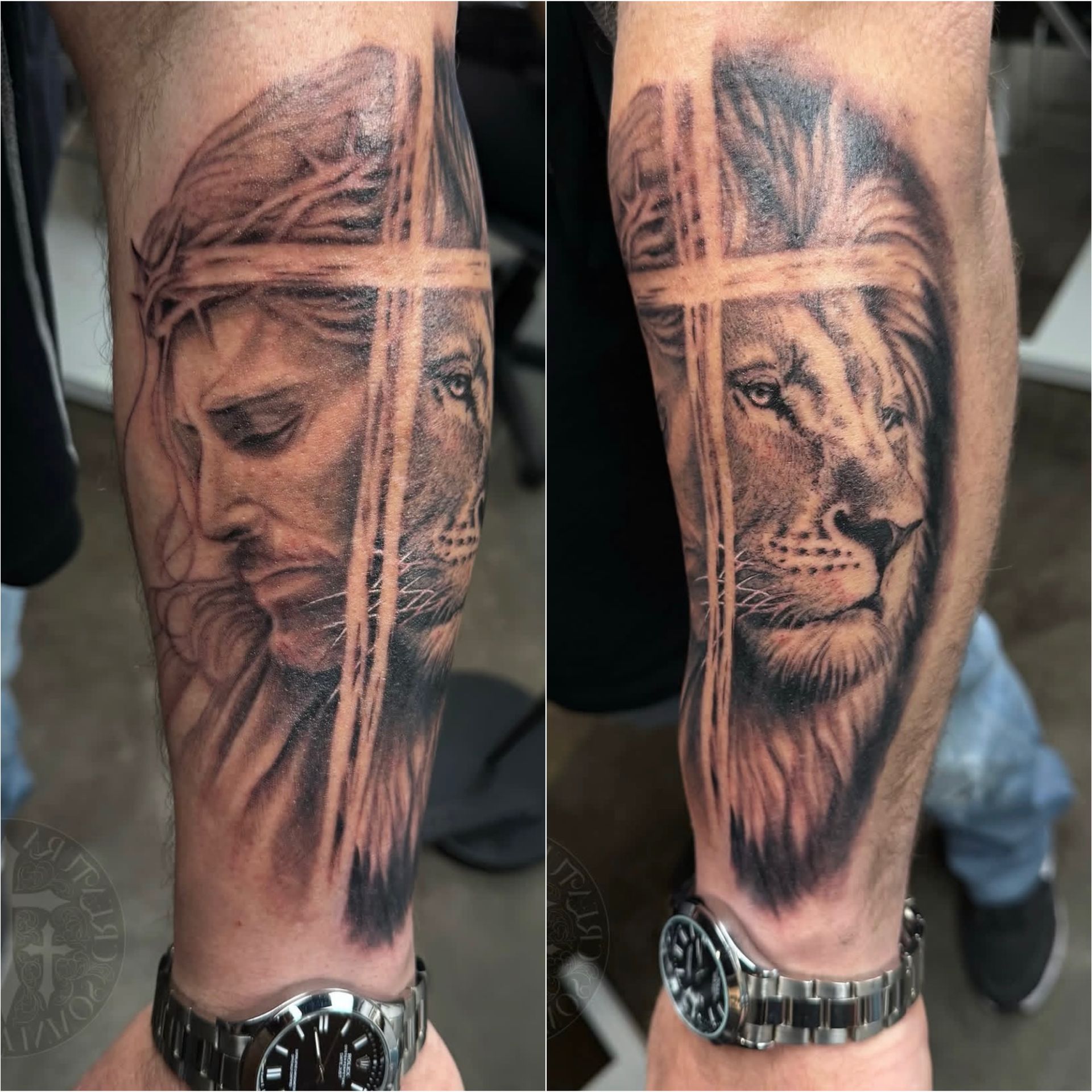 Close-up of a forearm tattoo depicting a lion and a woman’s face with a cross overlay