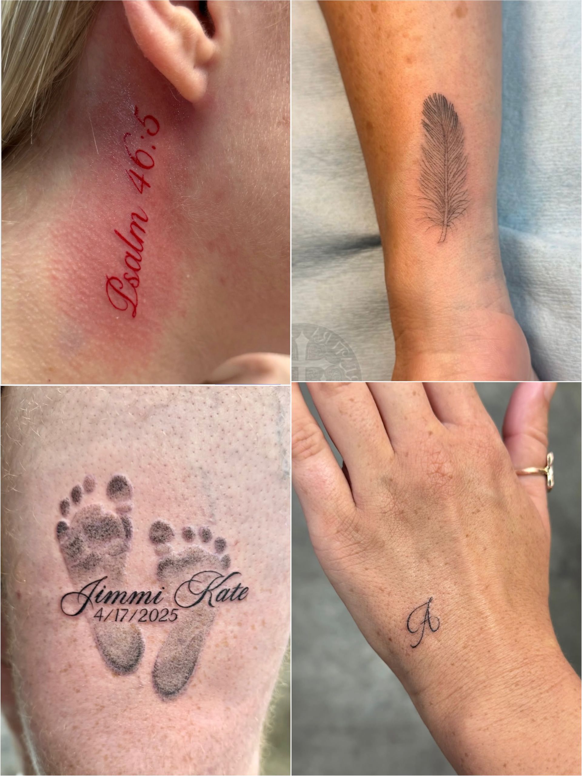 Collage of skin tattoos: script on ankle, dark makeup-like patch, baby footprints, and a small letter on hand
