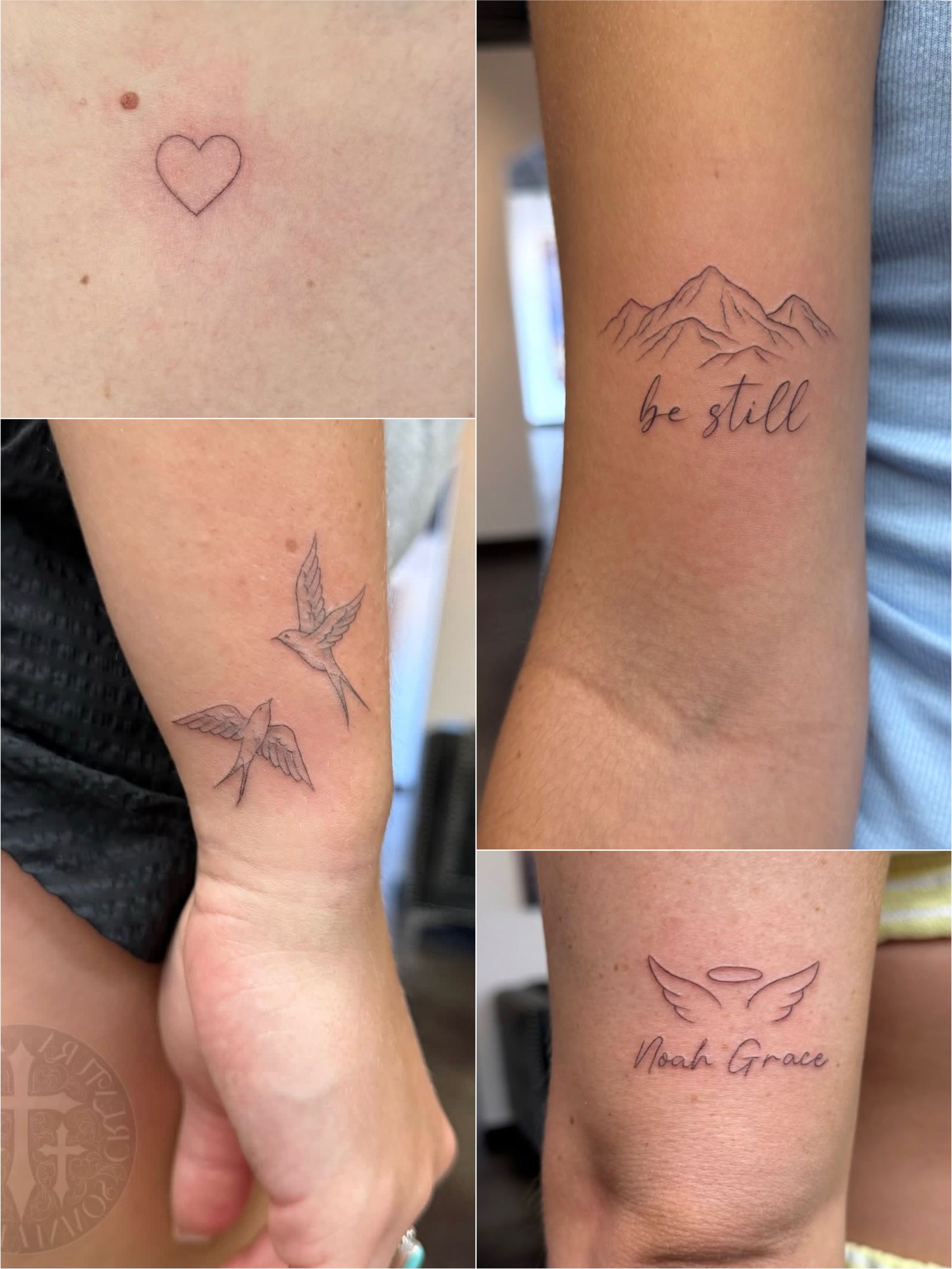 Collage of small wrist tattoos: heart outline, birds, mountains with “be still,” and wings with script.