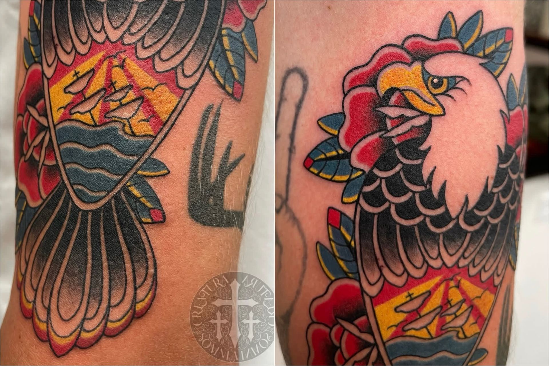 Close-up of colorful eagle tattoos on two forearms, with black, red, and yellow details.