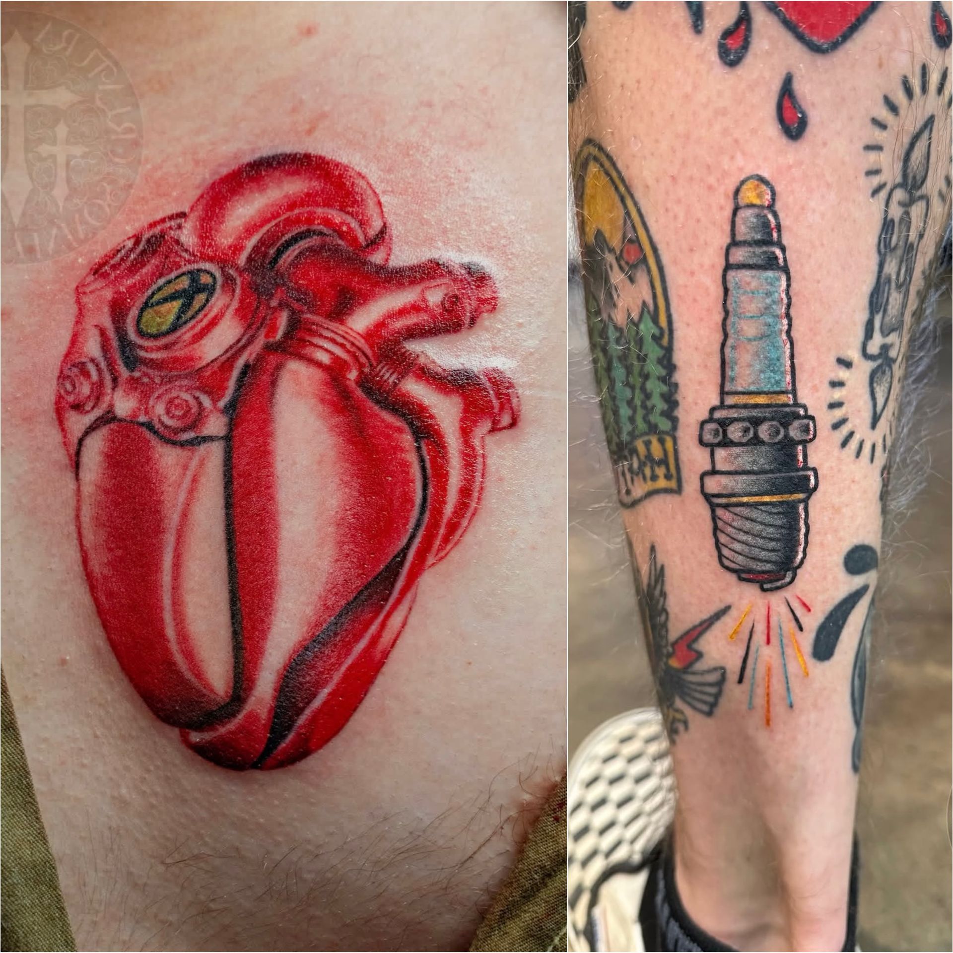 Side-by-side tattoos: a red anatomical heart and a spark plug on skin.