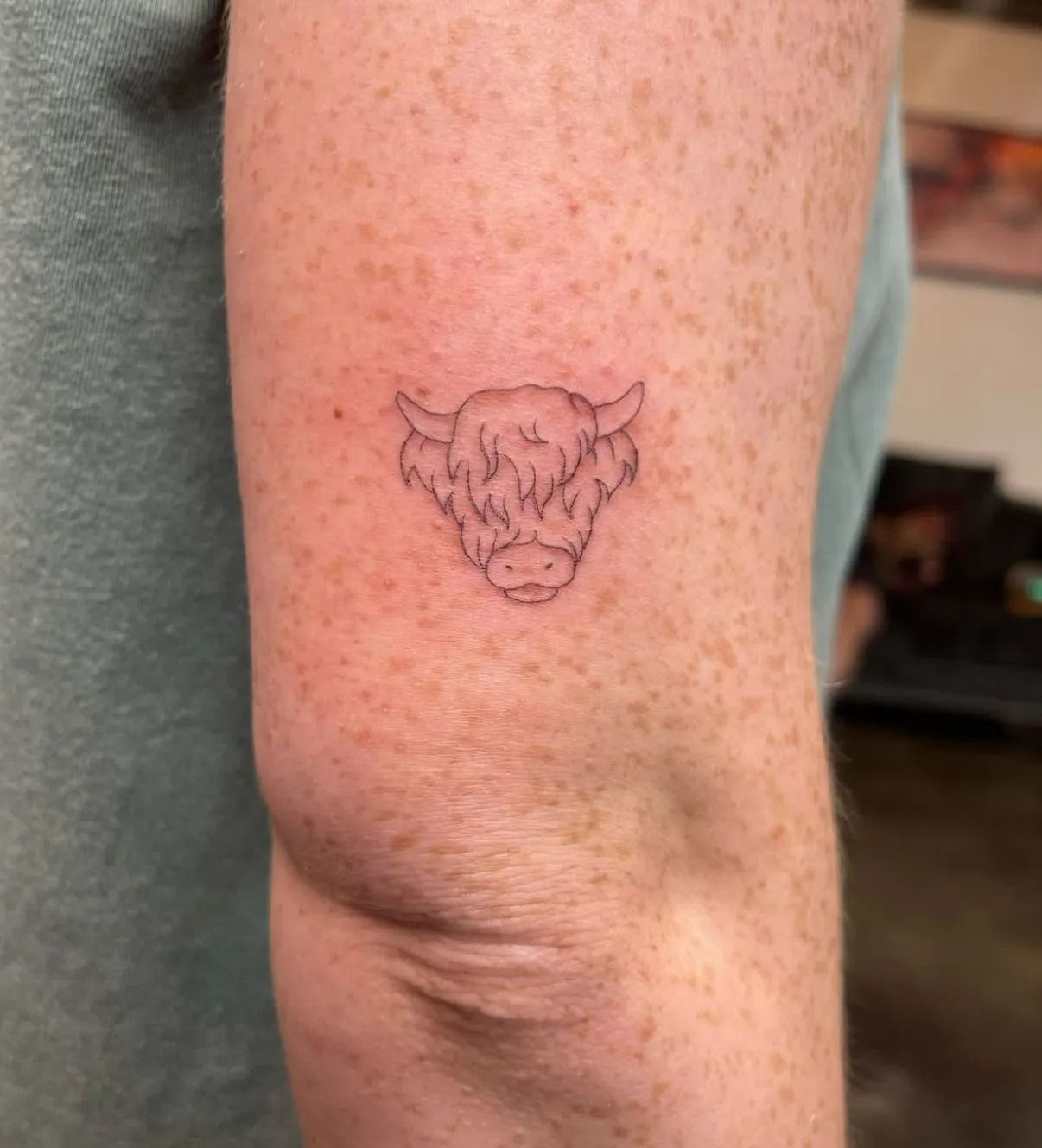 A small, outline tattoo of a Highland cow head on a freckled arm.