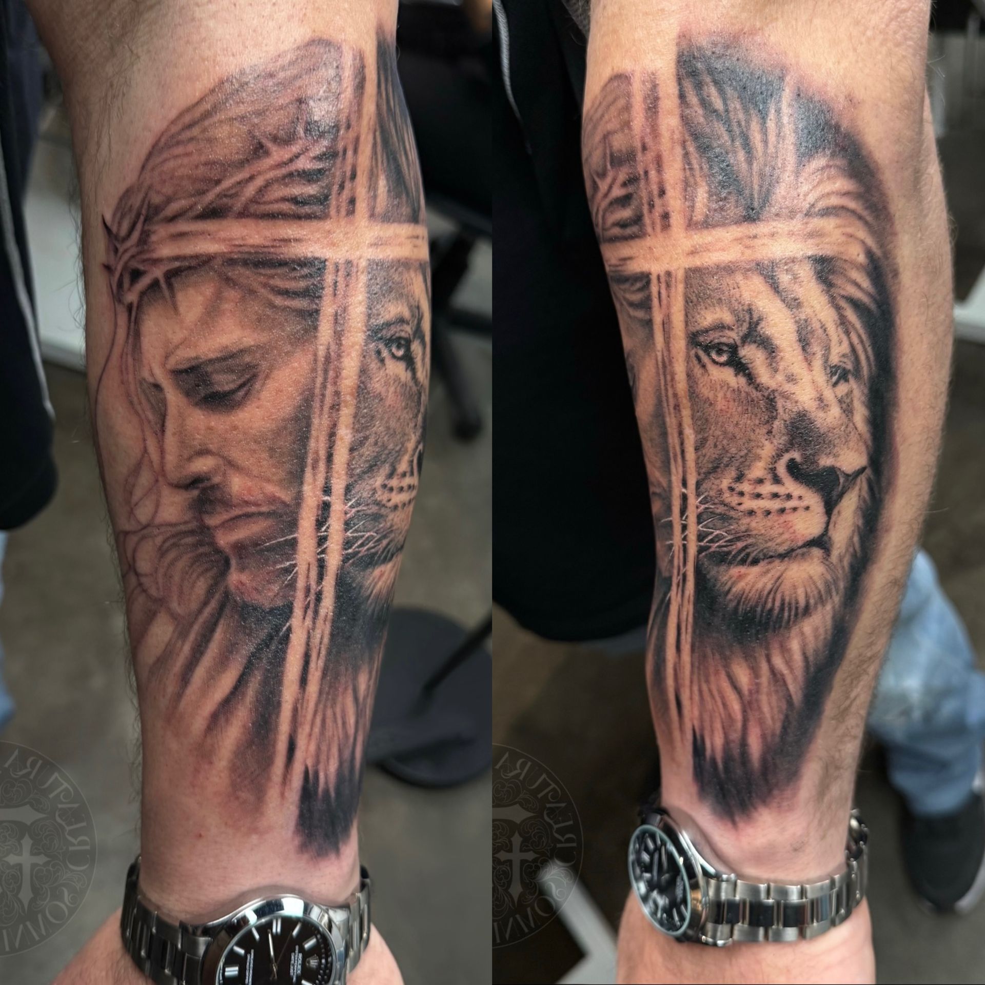 Tattoo: Jesus with crown of thorns, lion, and cross on arm, in black and gray shading.