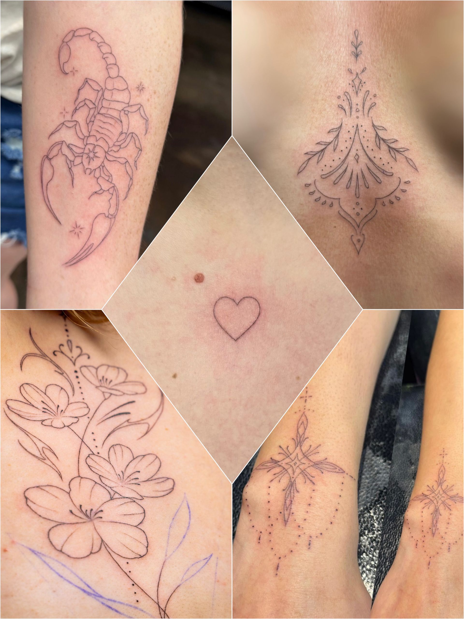 Collection of five line art tattoos: scorpion, ornamental, heart, floral, and two symmetrical ankle designs.
