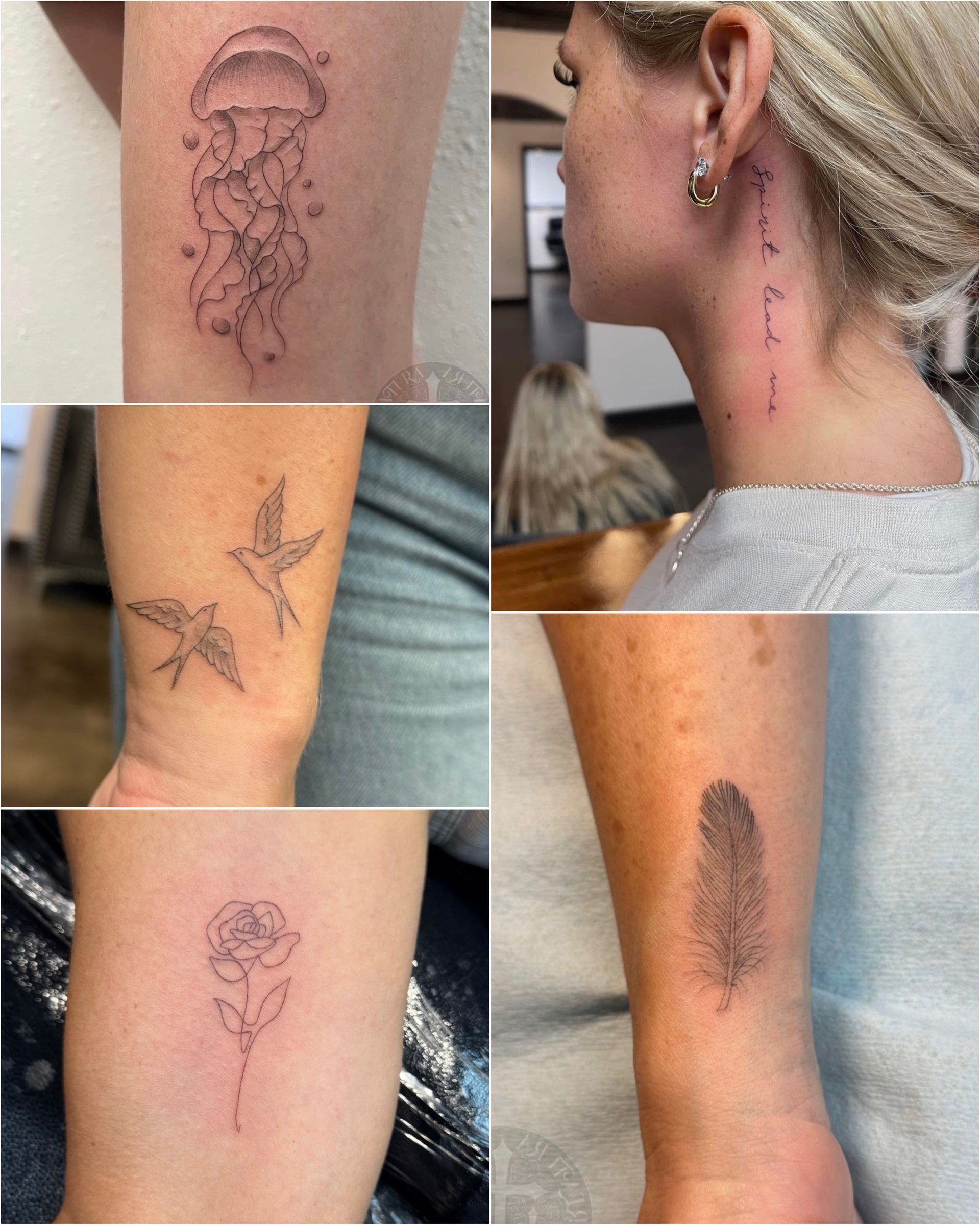 Four minimalist tattoos: jellyfish, neck script, swallows, rose, and feather.