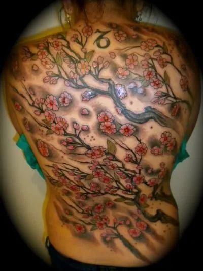 Back tattoo: Cherry blossom branches in bloom, covering the back. Red flowers, gray branches.