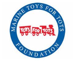 Marine Toys for Tots Foundation logo: blue circle with text, red train illustration.