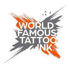World Famous Tattoo Ink logo: text in white against orange and gray brushstrokes.