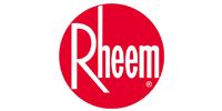 Rheem logo in white lettering inside a red circle