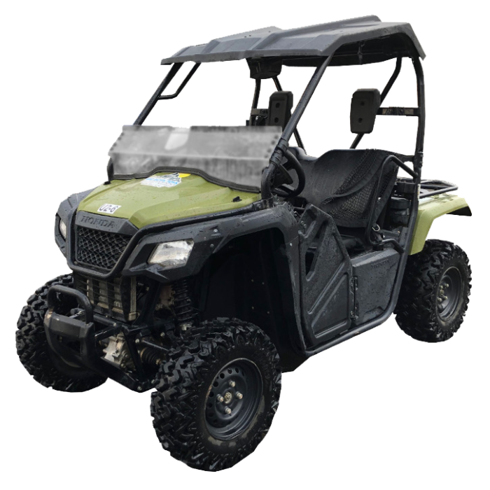 A green atv with a clear windshield on a white background
