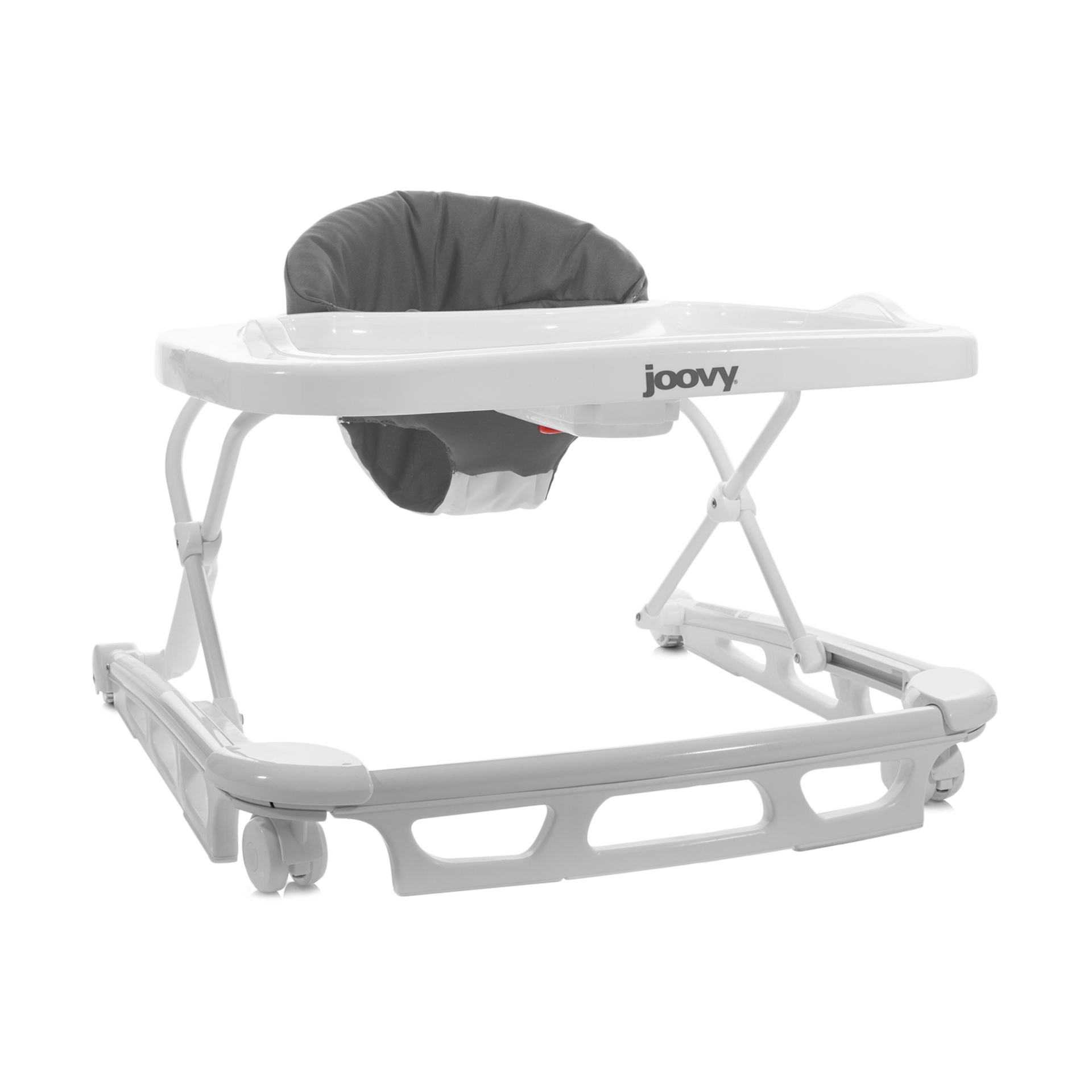 A joovy baby walker with a gray seat and tray on a white background.