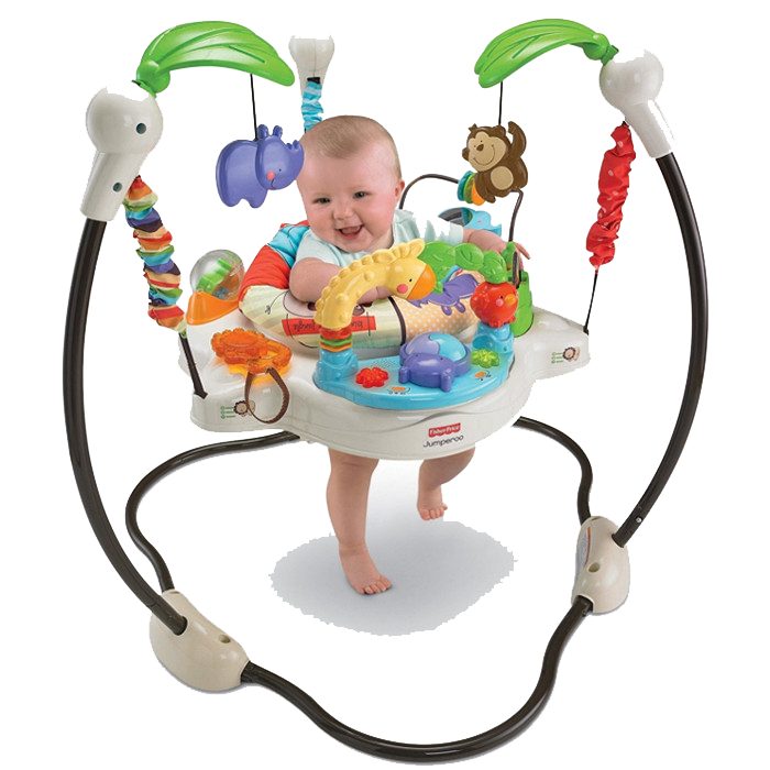 A baby is playing in a fisher price jumperoo
