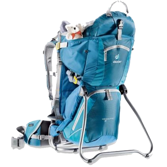 A blue deuter backpack with a teddy bear in it