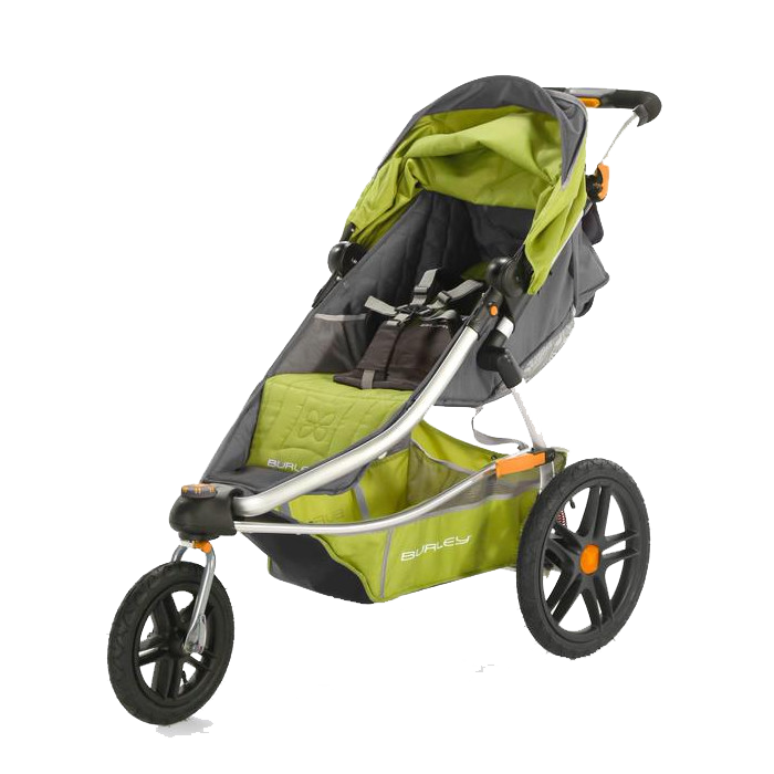 A green and gray stroller with the word baby on it