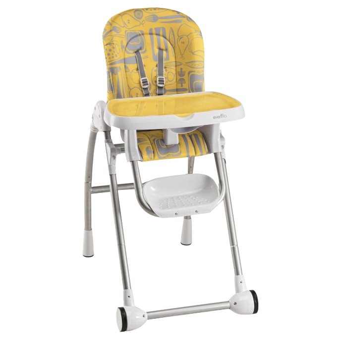 A yellow and white high chair with a tray underneath it