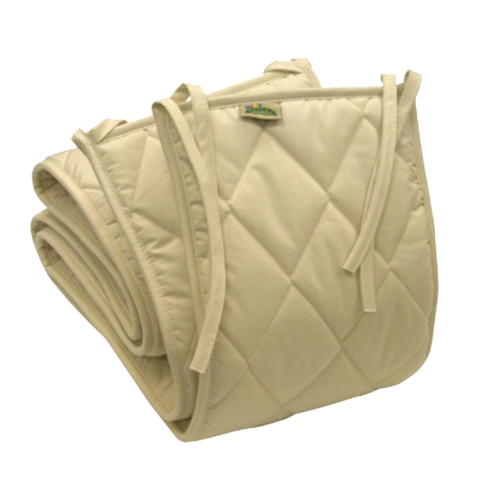 A beige quilted item with a green label on it