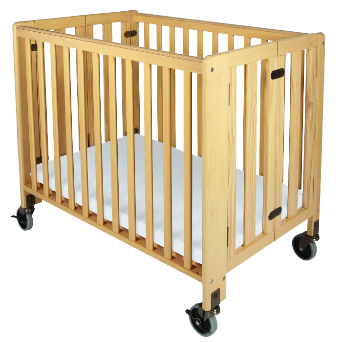 A wooden crib with wheels and a white mattress