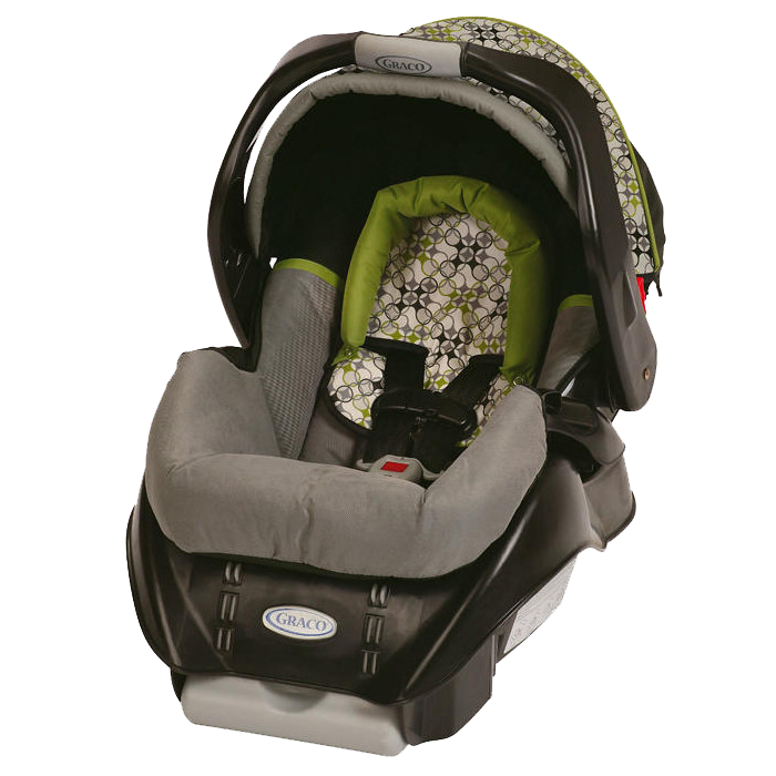 A graco car seat with a green and gray cushion