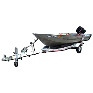 A boat is on a trailer on a white background.