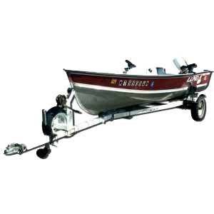 A boat is being towed by a trailer on a white background.