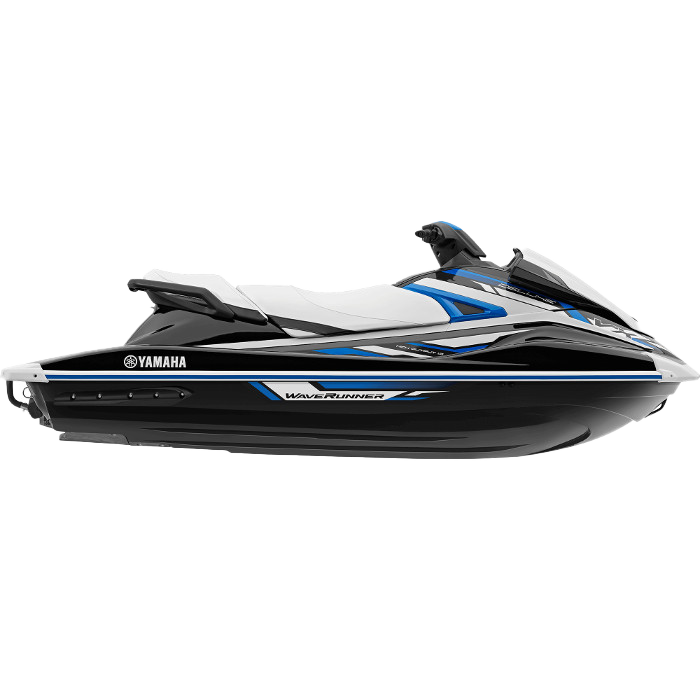 A blue and white yamaha jet ski on a white background.