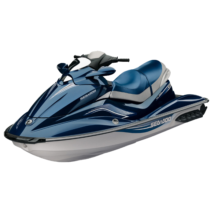 A blue and white jet ski on a white background
