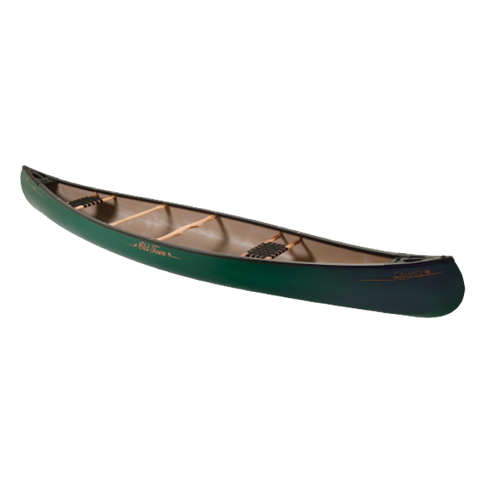 A green canoe with wooden seats on a white background