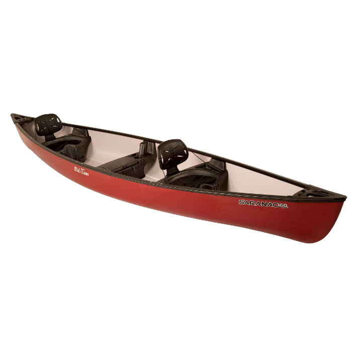 A red canoe with black seats on a white background.