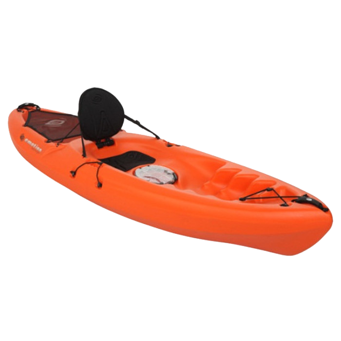 An orange kayak with a black seat on a white background