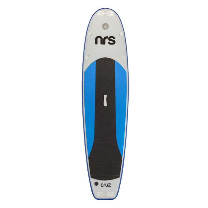 A blue and white surfboard with nrs on it