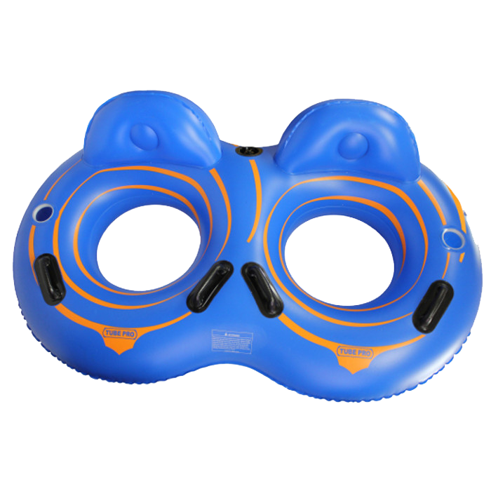 A blue and orange inflatable raft with two holes in it