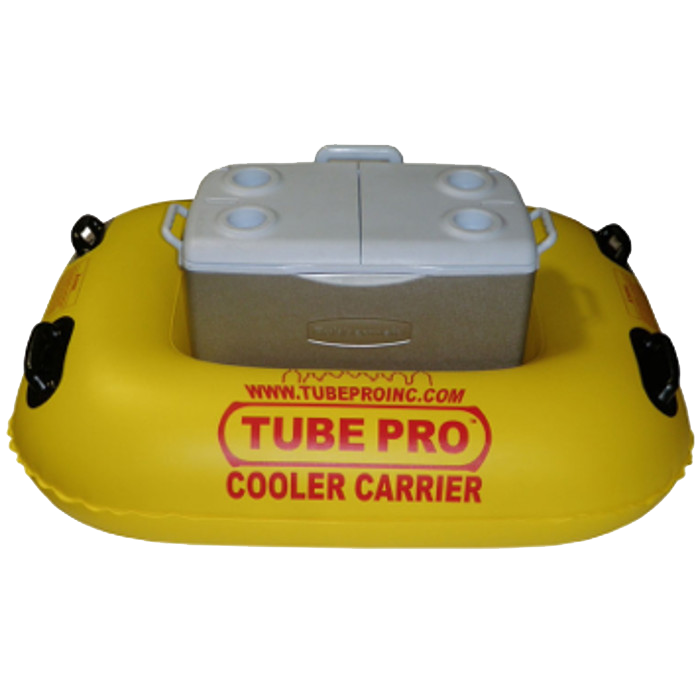 A yellow tube pro cooler carrier with a cooler inside