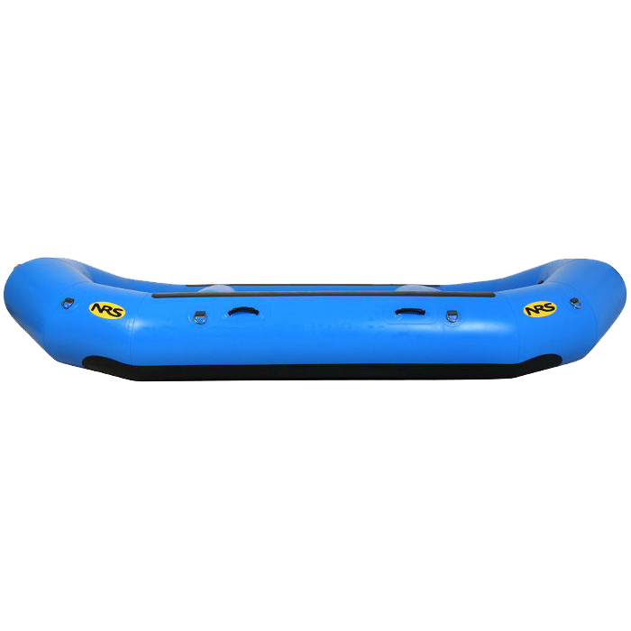 A blue raft with a yellow sticker on the side