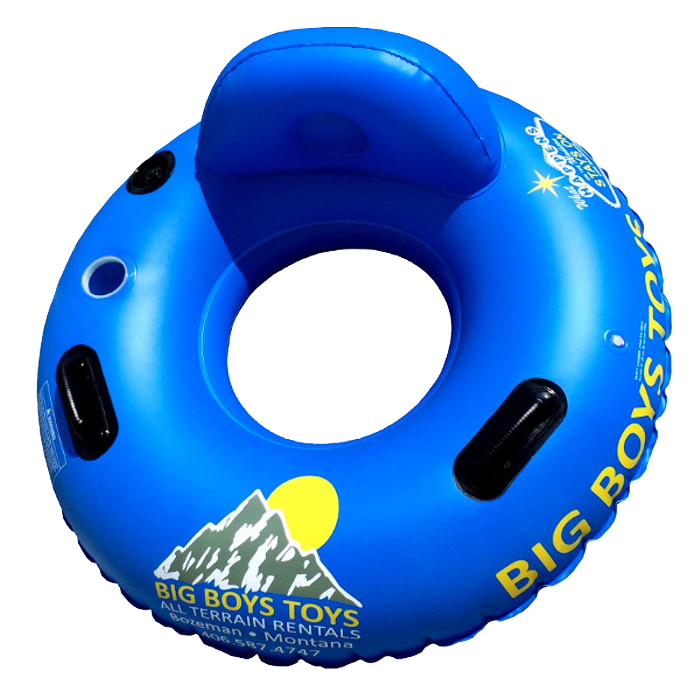 A blue tube that says big boys toys on it