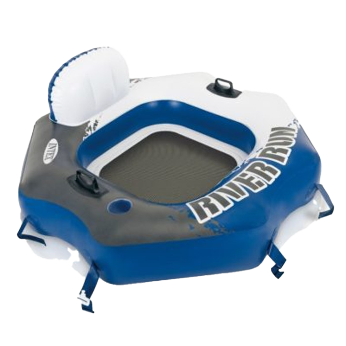 A blue and white river run float on a white background