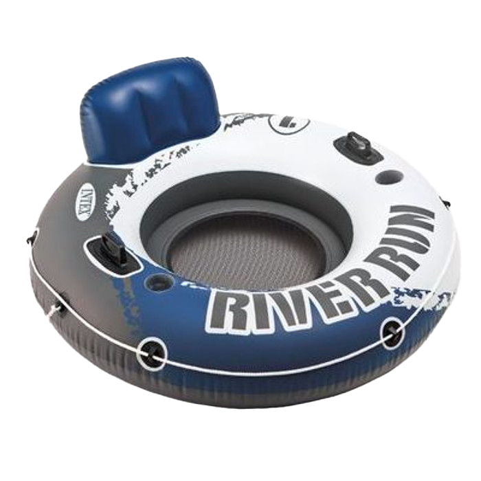 A blue and white river run float with a seat