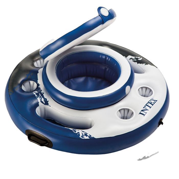 A blue and white inflatable raft with the word intex on it