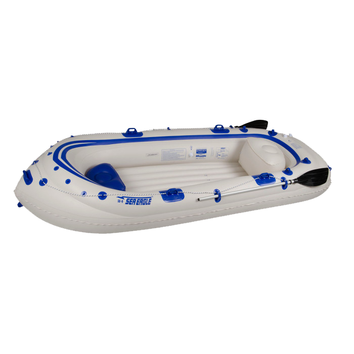 A white and blue inflatable boat with oars on a white background