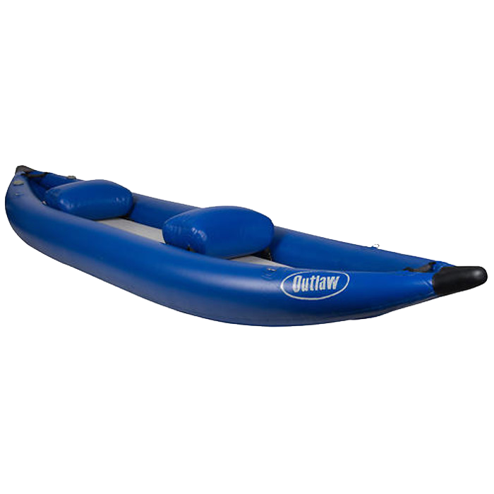 A blue inflatable kayak on a white background.