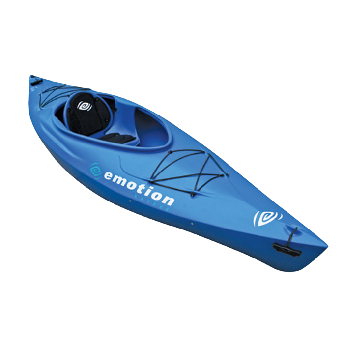 A blue kayak with the word emotion on it