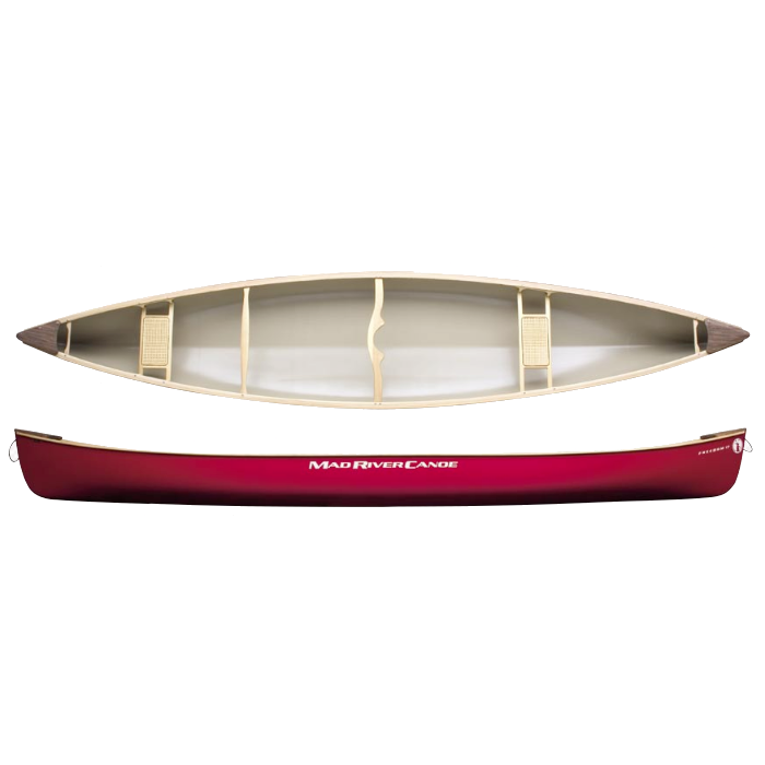 A red canoe is shown from the front and side on a white background.