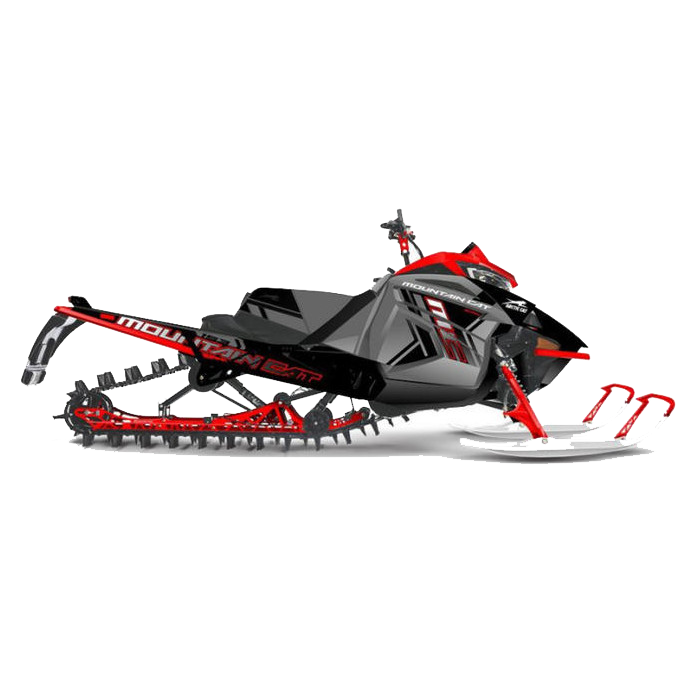 A snowmobile is sitting on a white surface.