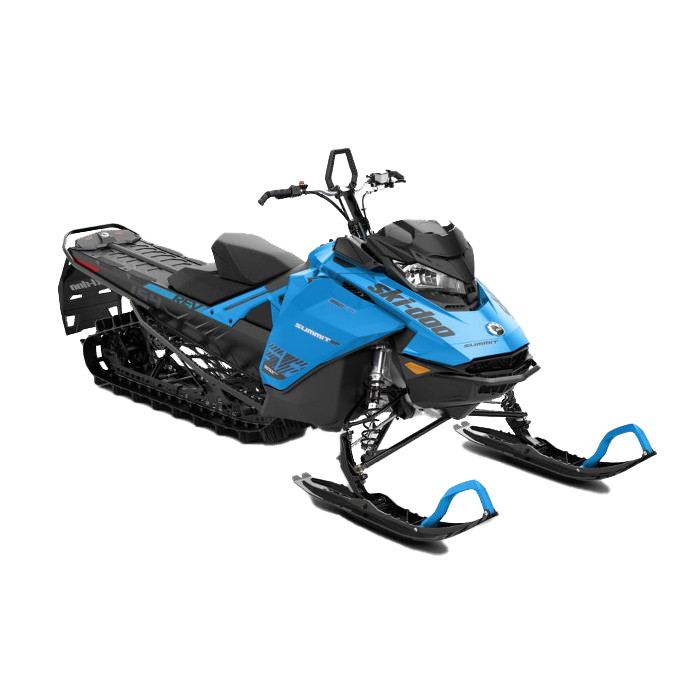 A blue ski doo snowmobile with blue skis on a white background.