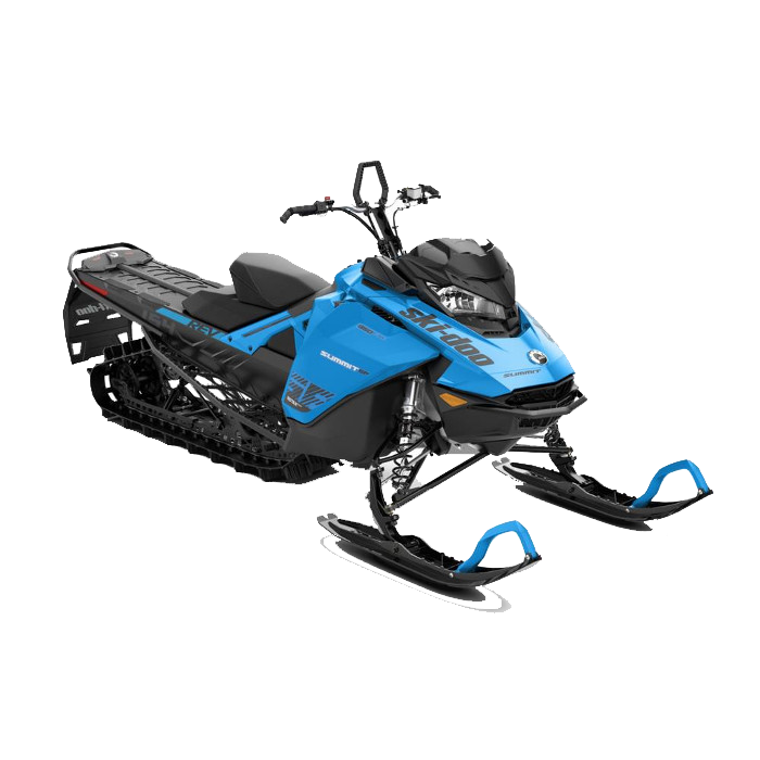 A blue snowmobile is sitting on top of a white surface.